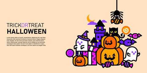 Fototapeta premium trick or treat halloween celebration banner spooky characters, jack o lantern, playful ghosts and halloween elements decorative set flat line colored icon vector illustration