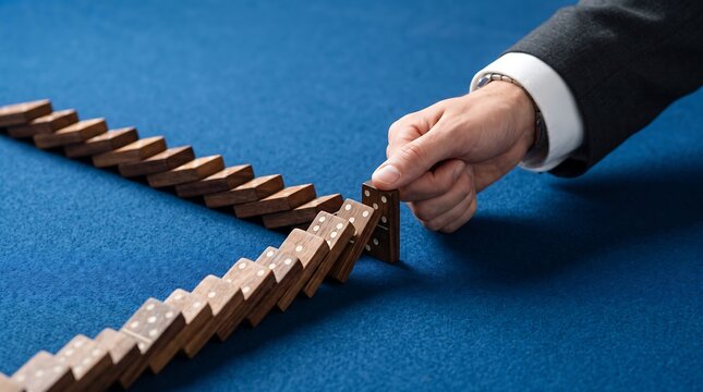 Business hand stopping domino chain reaction at the intersection point