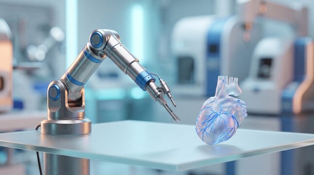 Robotic arm positioned near holographic heart model on laboratory table in modern medical research facility
