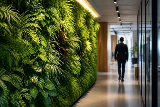 Businessman walking past living plant wall in office corridor
