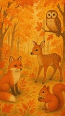 Obraz premium Charming woodland creatures in autumn mobile wallpaper