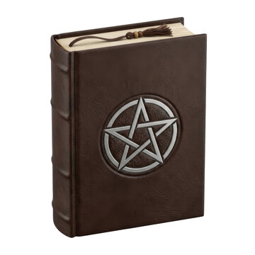 Isolated occult grimoire with pentagram symbol on cover, leather bound book with tassel.