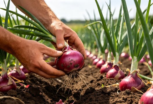 First person view of harvesting fresh red onions from fertile soil in a rural agricultural field.
