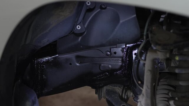 Man spraying black protective anti-corrosion coating onto car chassis part.