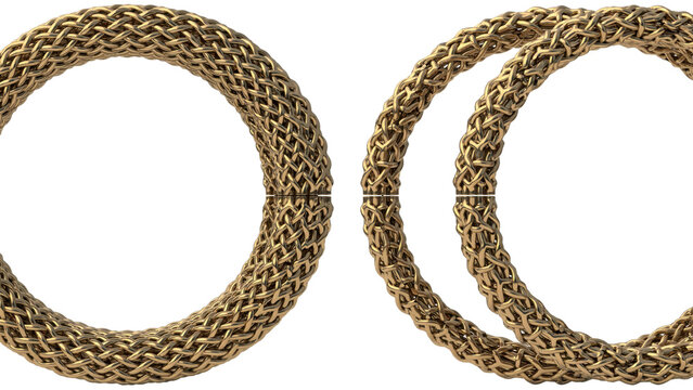 Three interconnected circular rings with a detailed metallic woven mesh texture in a golden bronze color isolated on a transparent background