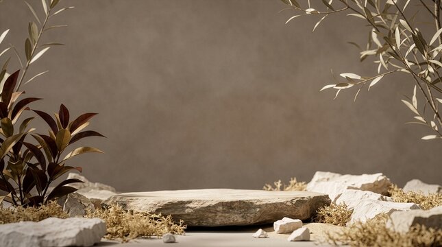 Natural Stone Podium Stage with Earthy Plants and Rocks Background for Cosmetic Display 自然な石の台座と植物の葉が調和するナチュラルでオーガニックな製品展示の背景素材