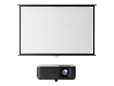 A black digital projector positioned below an empty white projection screen
