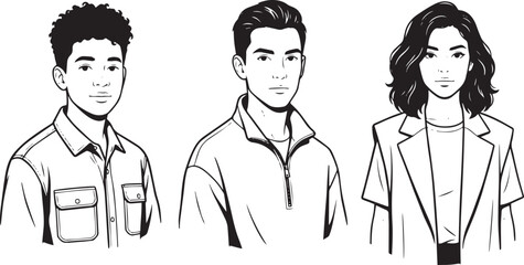 Fototapeta premium Three portraits of young adults depicted in a black and white line art style