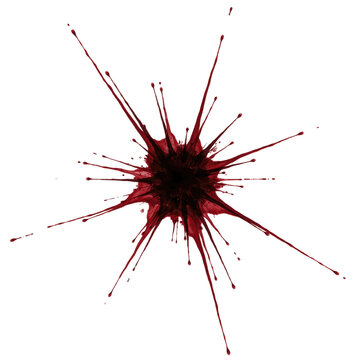 Dark red ink splatter with sharp radial streaks and droplets isolated on a transparent background splash