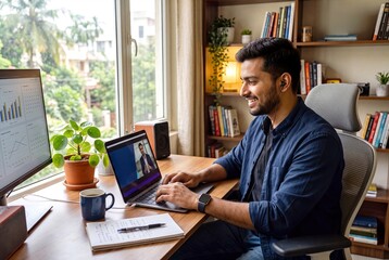 Fototapeta premium A smiling Indian businessman working remotely on a laptop during a virtual video conference at home.