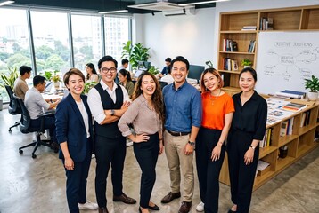 Obraz premium A confident group of Asian professionals posing together in a bright modern creative office workspace.