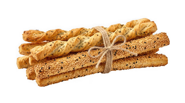 Bundle of assorted breadsticks with herbs and sesame seeds tied with twine isolated on transparent background