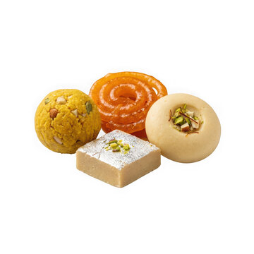 Assorted indian sweets including jalebi, laddu, kaju katli, and peda isolated on transparent background
