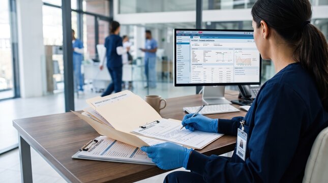Medical professional reviewing patient records and digital health data on computer screen in hospital office, healthcare administration, medical documentation, and clinical