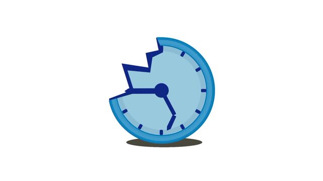 Broken time animation concept featuring a damaged clock symbol with fragmented elements, expressing delay, disruption, malfunction, and time management issues.