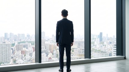Fototapeta premium Businessman in suit standing by window overlooking city skyline, corporate leader contemplating future strategy, urban architecture view from high rise office building