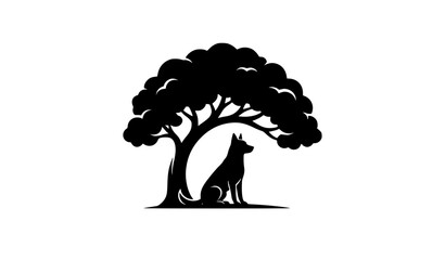 Fototapeta premium Dog Under Tree Silhouette, Vintage Nature Emblem Vector