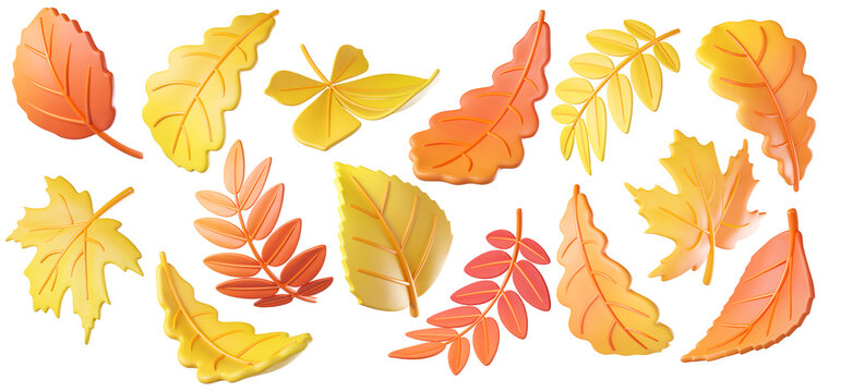 Set of 3D autumn leaves in warm orange and yellow gradient, isolated on background. Ideal for fall campaigns, seasonal design, greeting cards.
