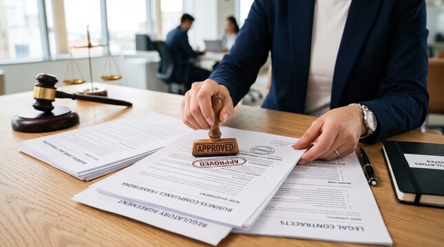 Close up of business person hand stamping approved seal on legal contract documents, signifying agreement, compliance, and authorization in a professional corporate office setting