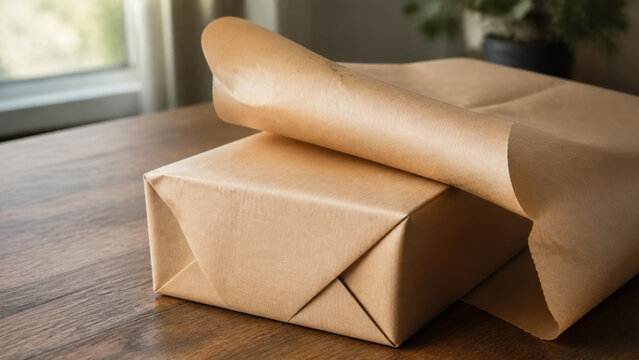 Partially wrapped gift box on wooden table