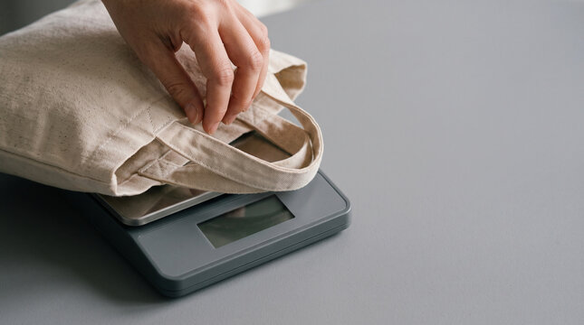 Hand placing tote bag on digital scale