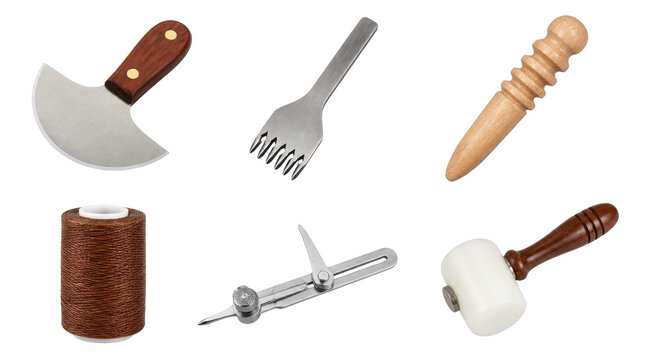 Collection of leather crafting tools on a transparent background, including cutting, stitching, and finishing implements.