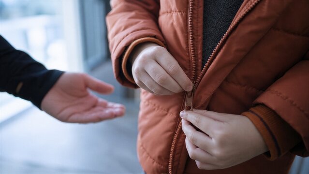 Child learning to zip up jacket with help of parent. Kid practicing fine motor skills for independence. Education, development and childhood growth concept in winter clothing.