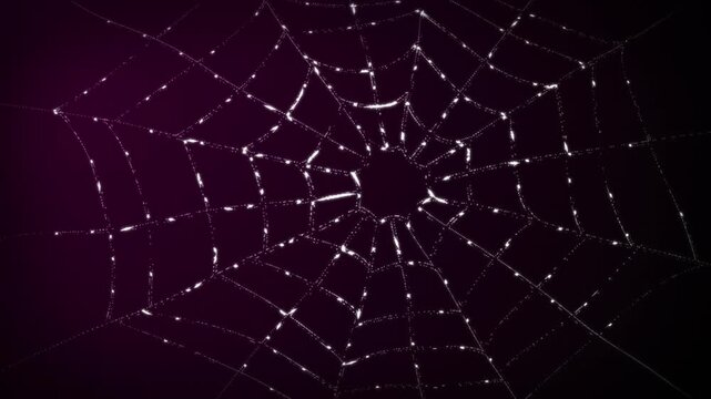 3D animation of a glistening silky spider web breathing and bulging on a dark grainy background abstract horror themed visual effects and spooky motion graphics design with a pink colour gradient