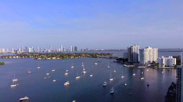 Aerial Drone shot of boats and yachts in Miami area waters. 4k. day exterior