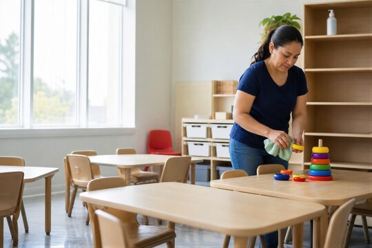 Woman educator cleaning colorful stacking rings in a kindergarten classroom. Preventive hygiene and sanitizing toy for childcare facility. Safe environment for preschool education.