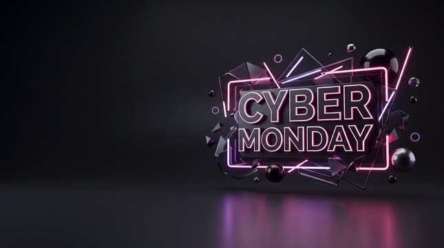 Cyber Monday 3D Neon Pink Purple Text with Abstract Geometric Shapes on Dark Background, Futuristic Tech Sale Banner with Copy Space for Marketing.