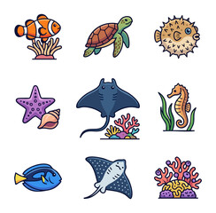 Obraz premium Collection of marine life and coral reef elements icons