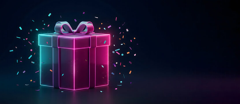 Glowing Neon Gift Box with Pink and Blue Lights and Confetti on Dark Background, Futuristic Cyber Monday Celebration with Copy Space