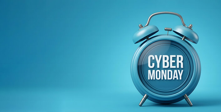 Blue Cyber Monday Alarm Clock Concept for Online Shopping Sale and Seasonal Discount with Large Copy Space, Time for Savings and Promotional Banner.
