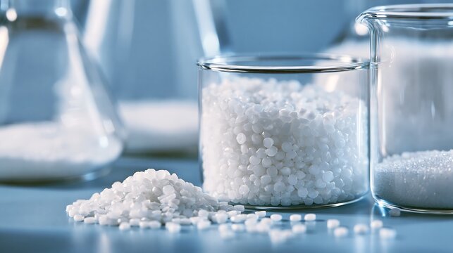 White plastic polymer pellets in laboratory beakers, isolated on transparent background. Ideal for industrial manufacturing and chemical engineering research concepts.