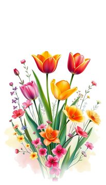 Vibrant watercolor tulips and wildflowers dance across a soft pastel background, nature, artistic