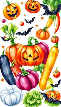 Vibrant watercolor clipart set of colorful vegetables isolated on white background featuring Halloween symbols like jack-o'-lanterns and bats, watercolor, vegetables