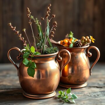 Vintage copper vessels filled with aromatic herbs, baskets, market