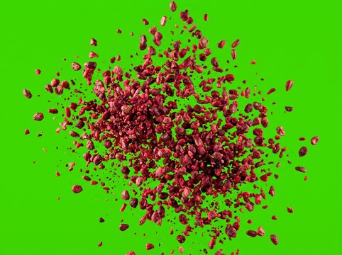 Raspberry Seeds and Fruit Particles Scatter Isolated on Green Screen
