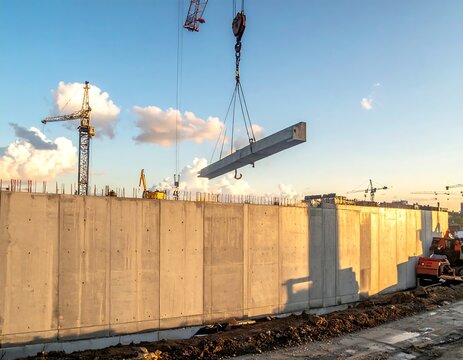 A crane lifting a heavy precast concrete wall panel at an active construction site during sunset. Ideal for architecture, real estate development, and heavy engineering concepts.