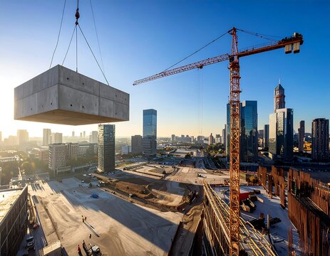 Crane lifting a large prefabricated concrete section on a major urban construction site with city skyline. Ideal for civil engineering, project management, and real estate development concepts.