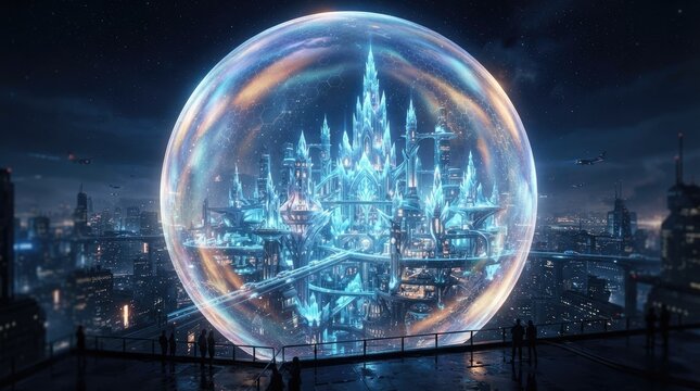 Futuristic cityscape reflected within a giant transparent bubble at night