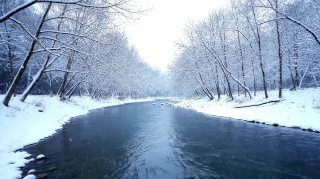 Winter snow-covered forest river scene, winter snow river scenery