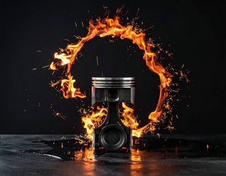 Dramatic close-up of a metal car engine piston surrounded by a fiery ring of flames and sparks against a dark background. Perfect for automotive tuning, racing performance, and mechanical concepts.