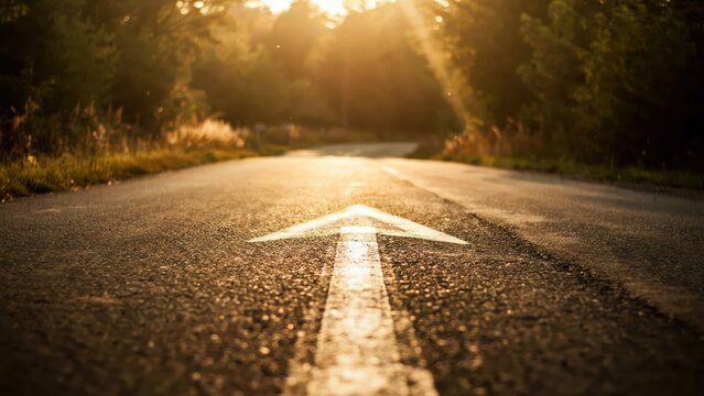 A white arrow painted on an asphalt road leading into a golden sunset. This image represents a concept for success, career growth, and future direction.