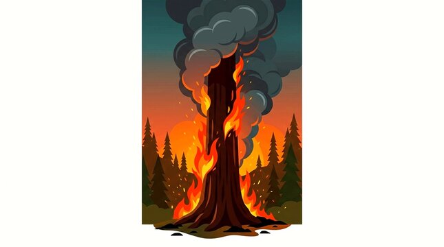 A majestic giant sequoia tree is threatened by rising flames and thick smoke during a wildfire.