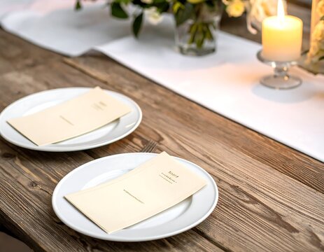 Elegant restaurant table setting with menus on plates, candles, and rustic wooden decor. Perfect for hospitality marketing and wedding banquet design.