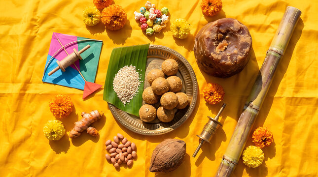 Makar Sankranti Harvest Festival Tilgul Sesame Sweets Kite Elements Flat Lay