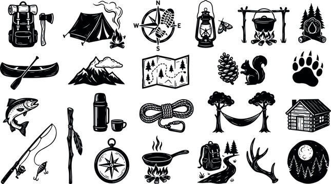 Wilderness Camping Equipment and Outdoor Adventure Silhouette Vector Icon Set