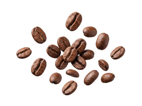Floating Coffee Beans Isolated on White Background with Dynamic Motion／白背景に浮遊する躍動感のあるコーヒー豆の写真素材